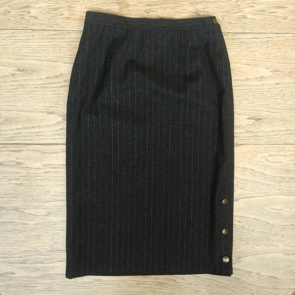 Vintage Louis Feraud 8 West Germany gray wool midi skirt button slit detail
